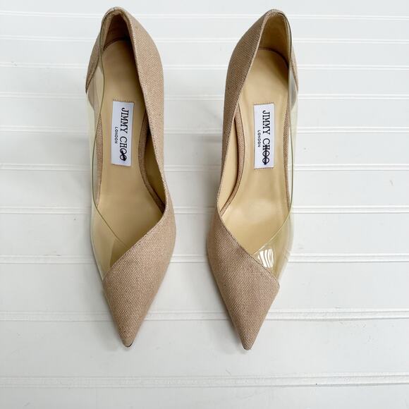 Jimmy Choo Cass Pumps 37 Tan Linen Clear Vinyl Stiletto Heels Wedding Bridal - Picture 2 of 12